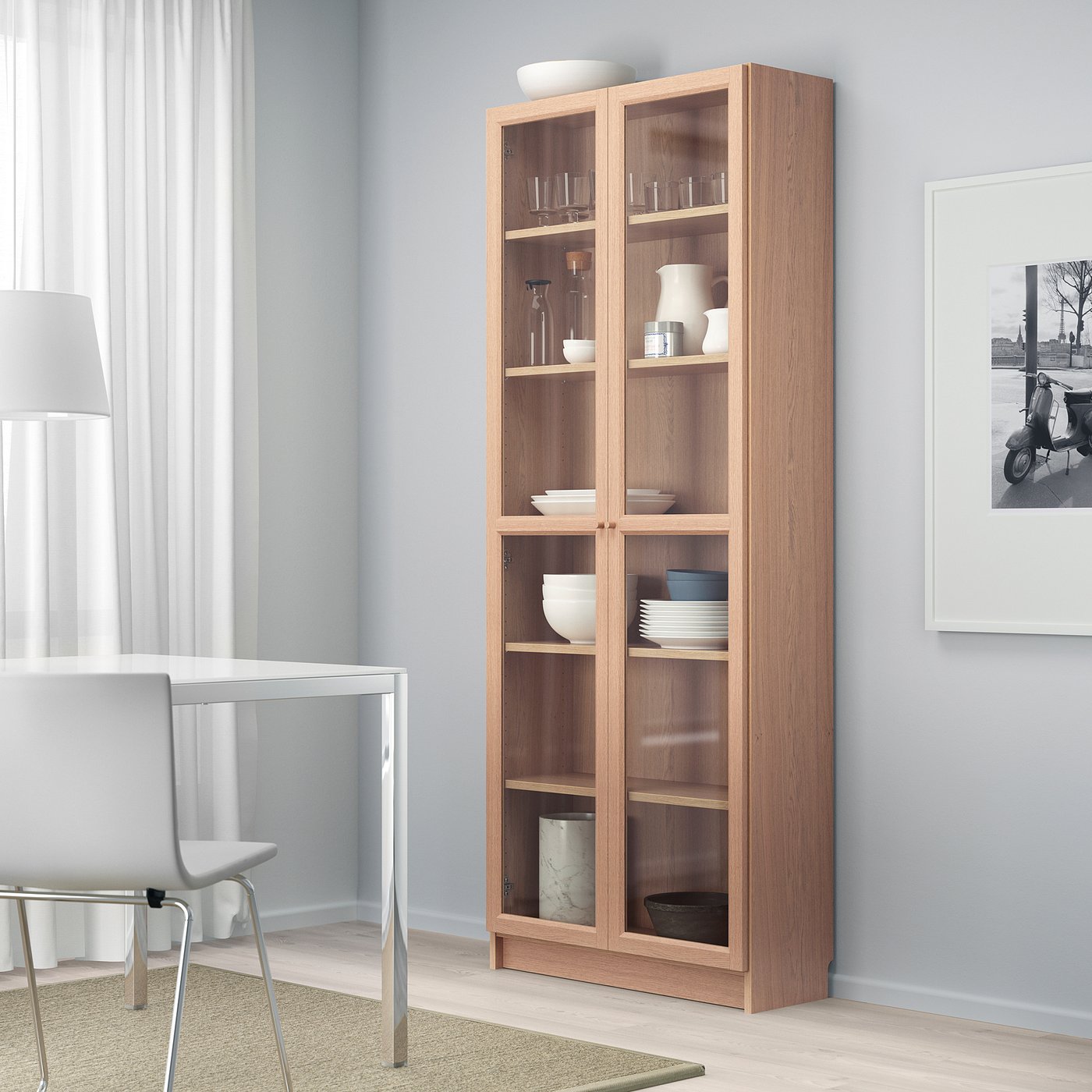 BILLY / OXBERG Bibliothèque avec porte vitrée, plaqué chêne blanchi, verre, 80x30x202 cm IKEA