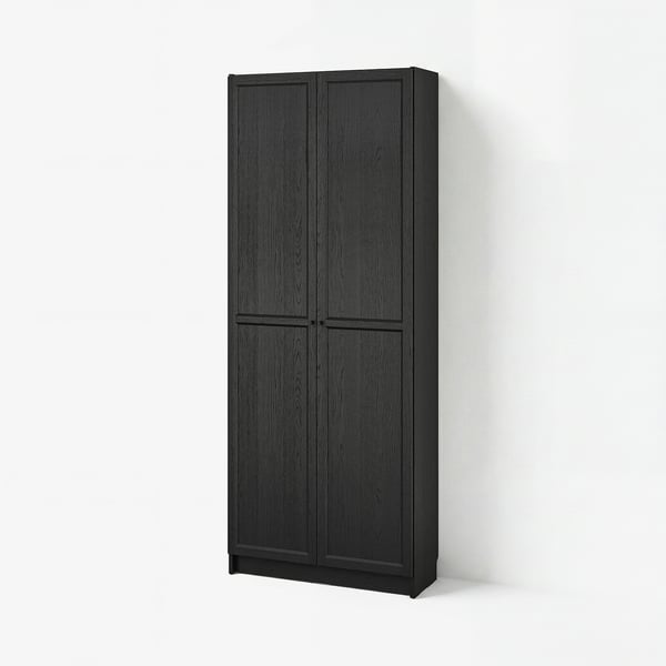 BILLY / OXBERG Bibliothèque avec portes, noir motif chêne, 80x30x202 cm