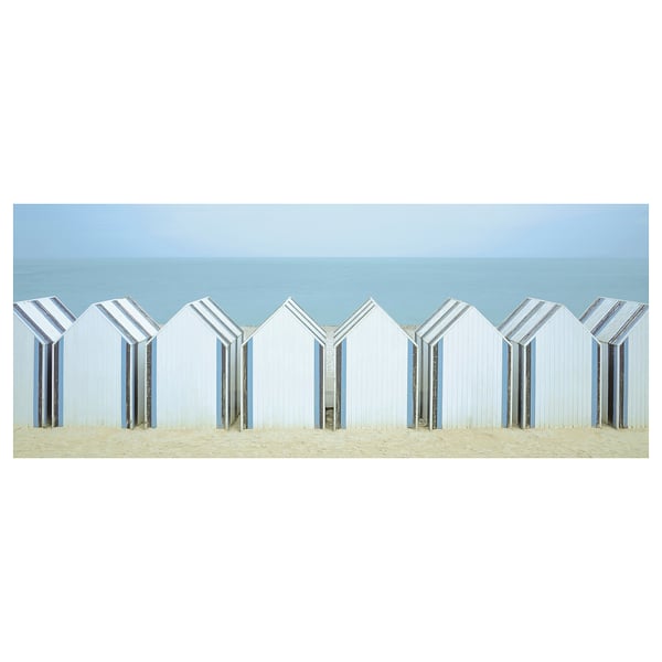 Toile BJÖRKSTA, blanche, rectangulaire, ligne de cabines de plage minimalistes.