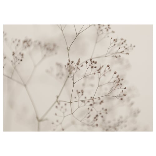 Branches florales sépia BJÖRKSTA, imprimé botanique allergique, teintes neutres délicates, détails flous.
