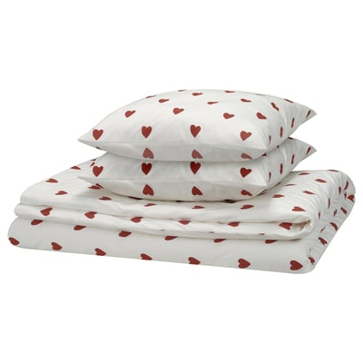 BJÖRNBÄRBUSKE Housse de couette et 2 taies, motif coeur blanc/rouge, 240x220/65x65 cm