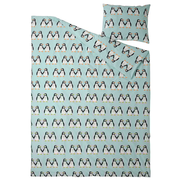 BLÅVINGAD housse de couette et 1 taie, motif pingouin/turquoise clair