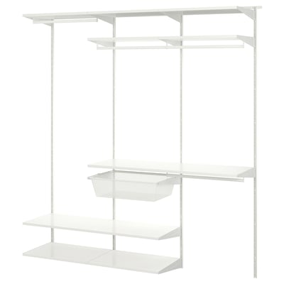 Système de placard en métal blanc avec étagères et tringle de suspension.