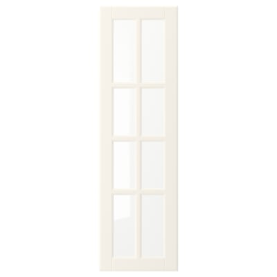 Une porte blanche BODBYN au design classique et biseauté. Il est fait de panneaux de fibres et de verre, avec une surface lisse et blanc cassé.