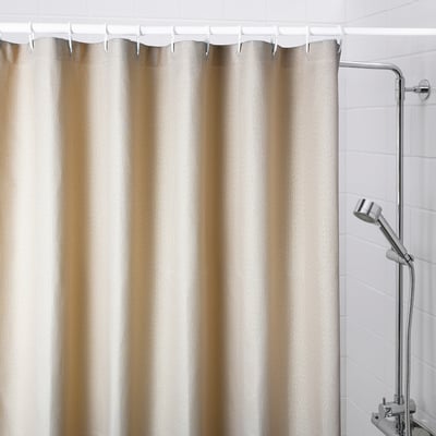 Rideau en polyester recyclé, motif gaufré beige et blanc, entièrement fermé, plus grand que le support de pomme de douche.