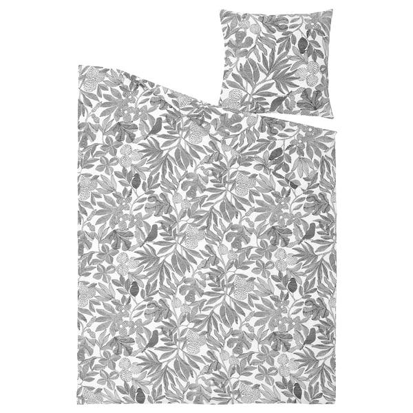 Parure de lit grège, motif floral, polyester-viscose recyclé, rectangulaire avec fermeture enveloppe.