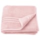 Serviettes pliées en coton biologique rose clair avec un design texturé et une bordure décorative. Parfait pour une utilisation dans le bain.