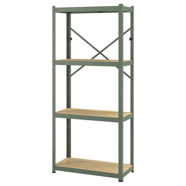 Étagère en métal vert BROR, 3 étagères en bois, conception robuste, adaptée aux articles lourds.