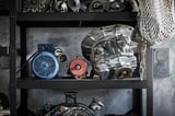 Une étagère BROR en métal noir avec divers outils : moteur bleu, roue rouge, engrenages et chaînes.