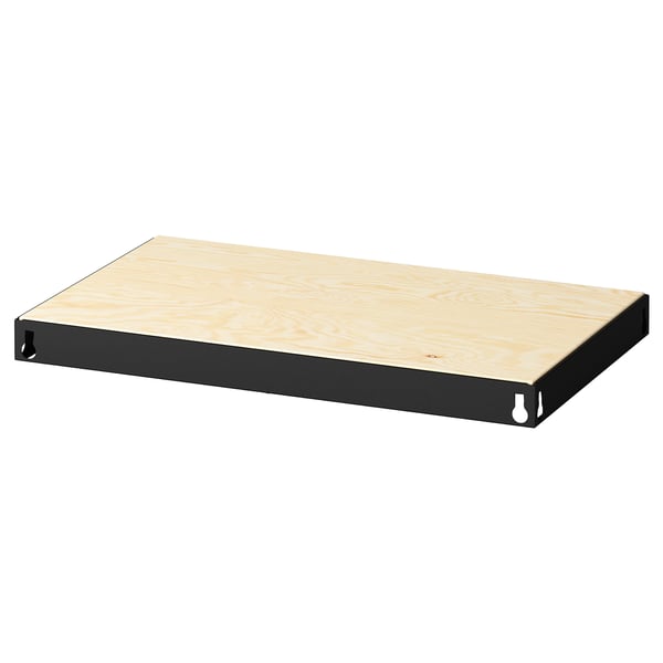 Une étagère en bois de marque blor avec des côtés en métal noir, de forme rectangulaire, adaptée aux charges lourdes.