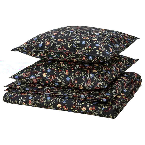 Parure de lit BRUDKRUSBÄR noire à imprimé floral, pliée, coton biologique.