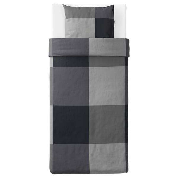 Ensemble de couette et d’oreiller GRUNKRISSLA grège. Rectangulaire avec motif en grille. Mélange coton-viscose.