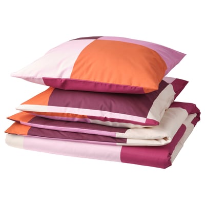Ensemble de couette BRUNKRISSLA, carrés multicolores, mélange doux de coton et de viscose, comprend une housse pliée et des oreillers.