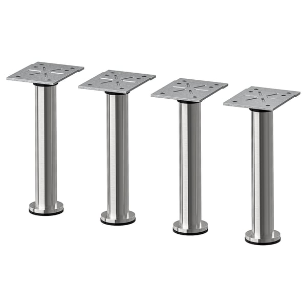 Quatre pieds de table en acier inoxydable avec supports réglables et plaques carrées en argent.