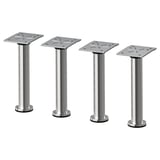 Quatre pieds de table en acier inoxydable avec supports réglables et plaques carrées en argent.