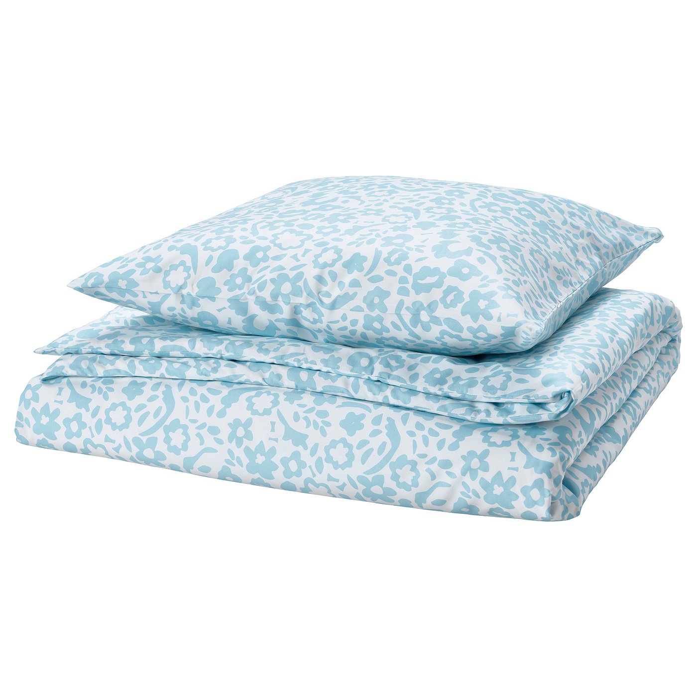 Parure de lit CYMBALBLOMMA : imprimé floral bleu et blanc, polyester recyclé doux, forme carrée pliée.