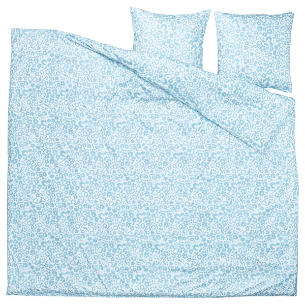 Parure de lit CYMBALBLOMMA, imprimé floral bleu clair, polyester recyclé, comprend couette et oreillers, doux et modernes.