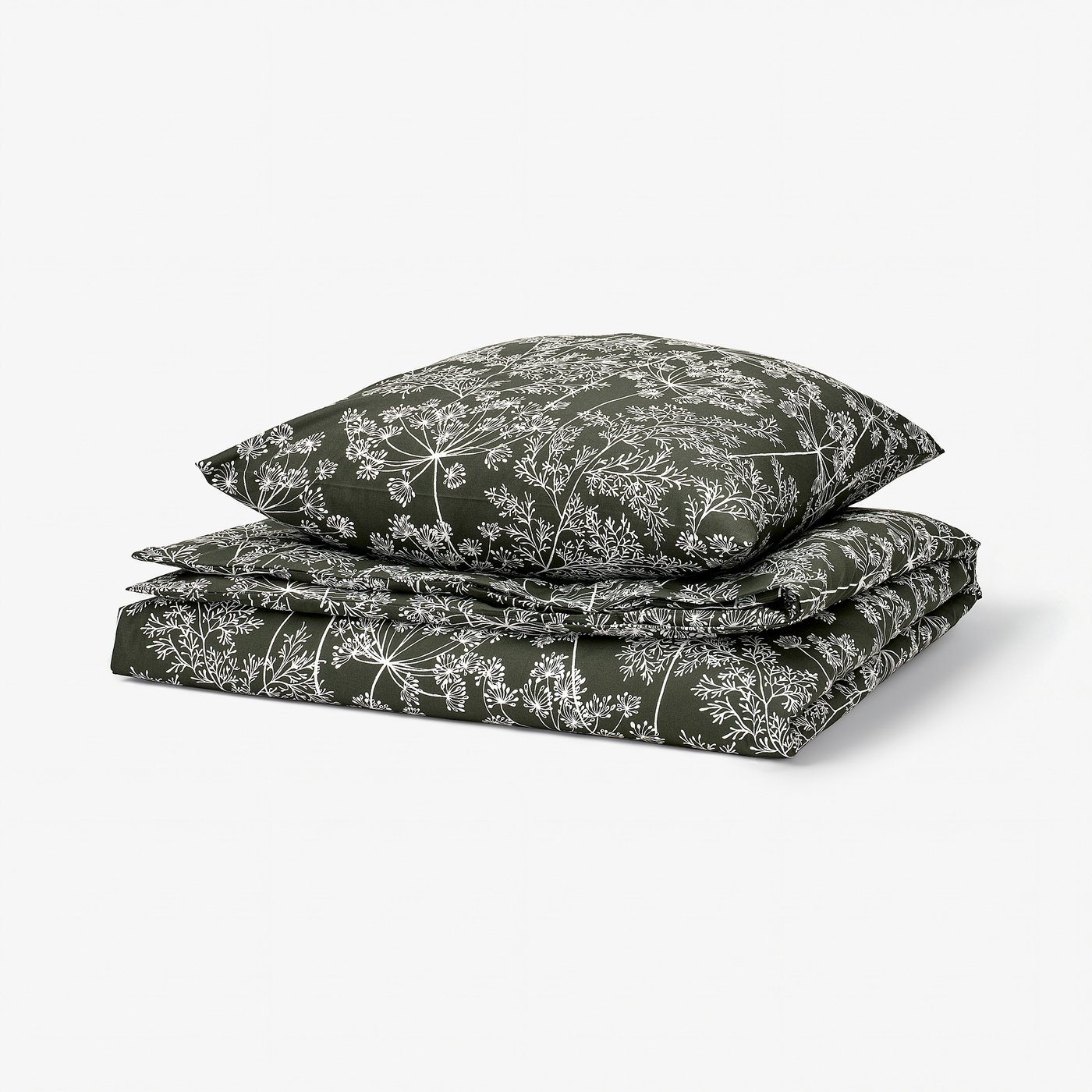 DAGGBJÖRNBÄR ensemble couette vert, imprimé floral blanc, coussins rectangulaires, mélange lisse coton-lyocell.