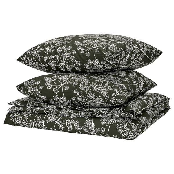 DAGGBJÖRNBÄR Housse de couette et 2 taies, vert foncé/motif floral, 240x220/65x65 cm