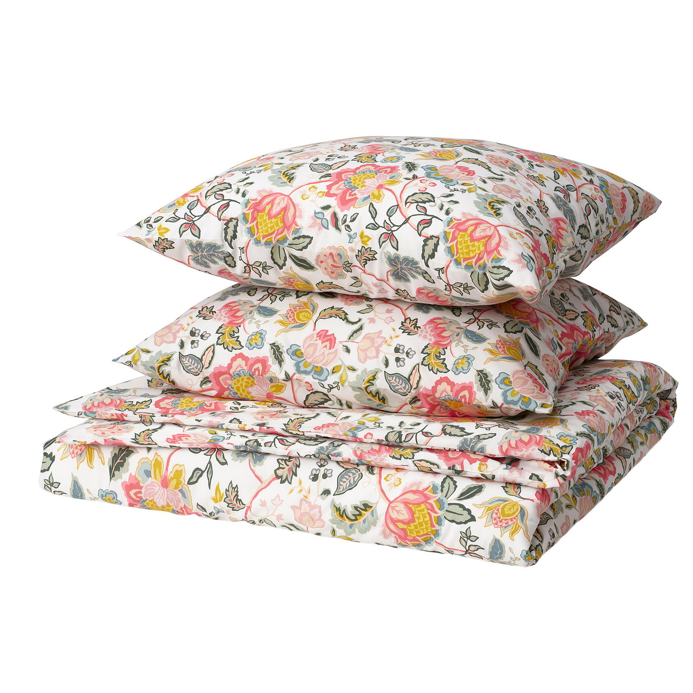 Parure de lit florale lumineuse, DAGGSALVIA, blanc avec des fleurs roses, jaunes et bleues, mélange lisse de polyester recyclé et de viscose.