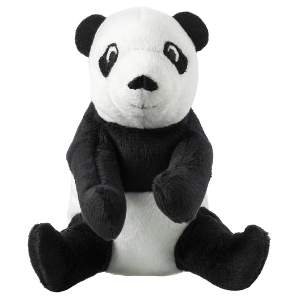 Jouet panda doux, noir/blanc, polyester recyclé, sourire mignon, compagnon câlin pour enfants.