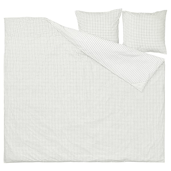 Housse de couette DOFTAKLEJA, blanc/anthracite avec motif à carreaux et rayures, rectangulaire avec coins cousus, en 100 % coton.
