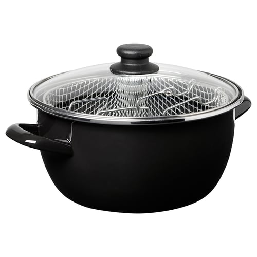 Batterie de cuisine noire avec couvercle en verre et panier en métal, parfaite pour la friture.