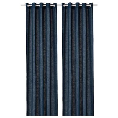 Rideaux en lin bleu foncé avec rayures horizontales et œillets supérieurs pour un décor moderne, rustique ou élégant.