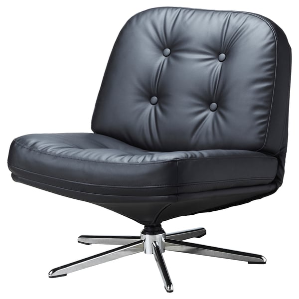 DYVLINGE : chaise pivotante en cuir noir avec base à 5 branches, dossier capitonné, design moderne.