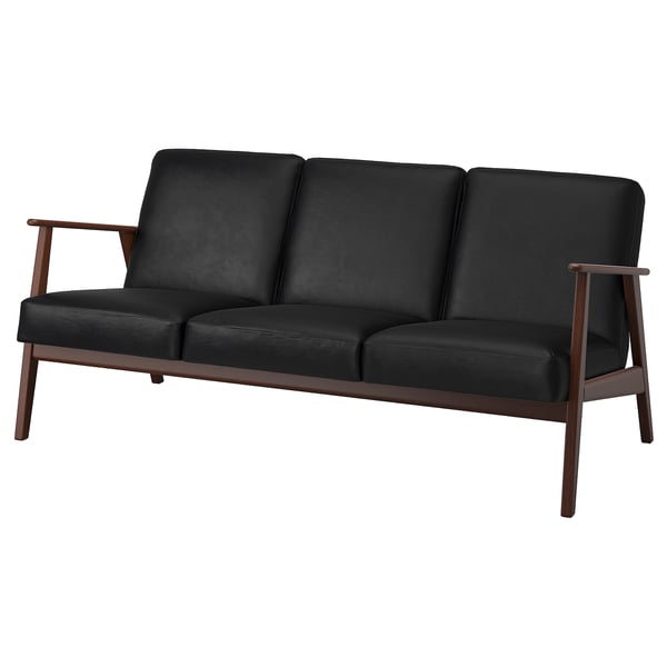Canapé en cuir noir avec pieds et accoudoirs en bois, design du milieu du siècle, 3 places.