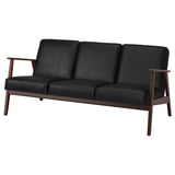 Canapé en cuir noir avec pieds et accoudoirs en bois, design du milieu du siècle, 3 places.