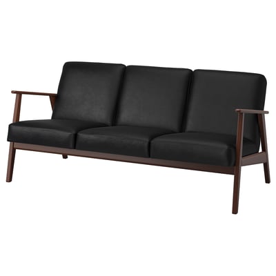 Canapé en cuir noir avec pieds et accoudoirs en bois, design du milieu du siècle, 3 places.