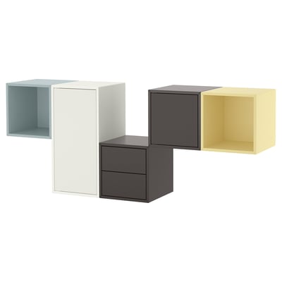 AEKET : étagères cubiques modernes, disponibles en blanc, bleu clair, jaune et gris foncé, en feuille de papier et en panneaux de particules.