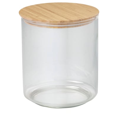 Pot alimentaire en verre transparent avec couvercle en bambou, de forme cylindrique.