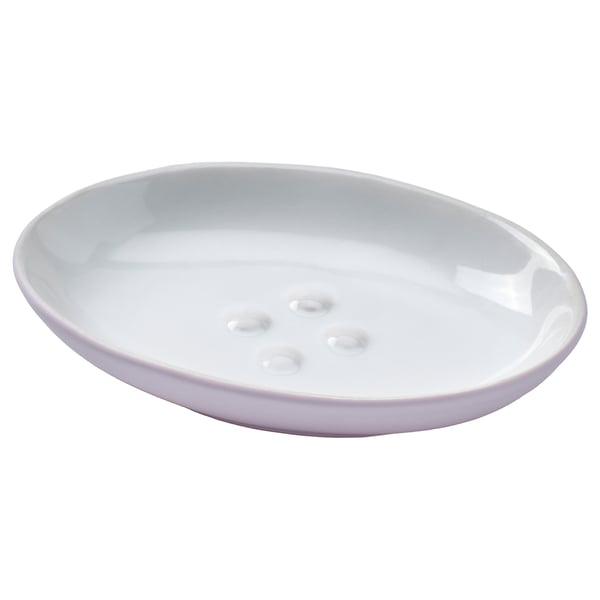Porte-savon ovale blanc EKOLN, grès, courbes douces, petits trous pour le drainage.