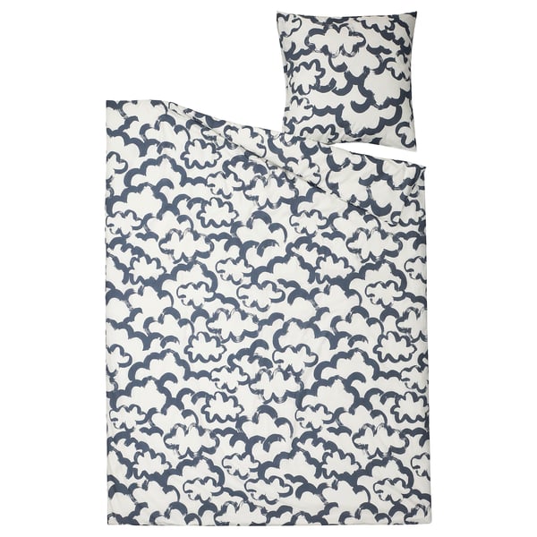 Ensemble de couette EKPURPURMAL, gris, mélange de coton et de polyester, avec imprimé nuage ludique.