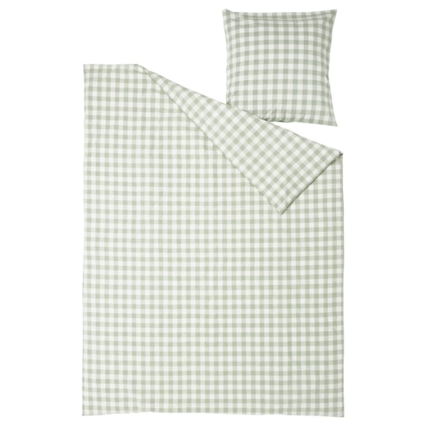 EKTANDVINGE : ensemble de couette et d’oreiller vichy vert clair, coton biologique.