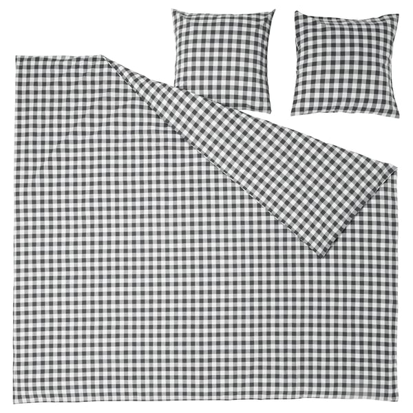 Parure de lit vichy EKTANDVINGE : gris/blanc, coton biologique, à carreaux.