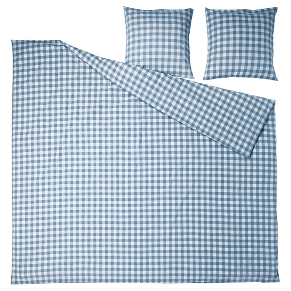 EKTANDVINGE Housse de couette et 2 taies, bleu foncé blanc/carreaux, 240x220/65x65 cm