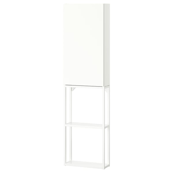 Rangement ENHET blanc : haut, mince, mélange d’étagères ouvertes et fermées pour la cuisine ou la salle de bain.