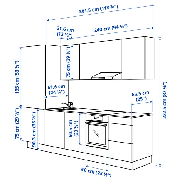 ENHET cuisine, blanc, 301.5x63.5x222.5 cm IKEA