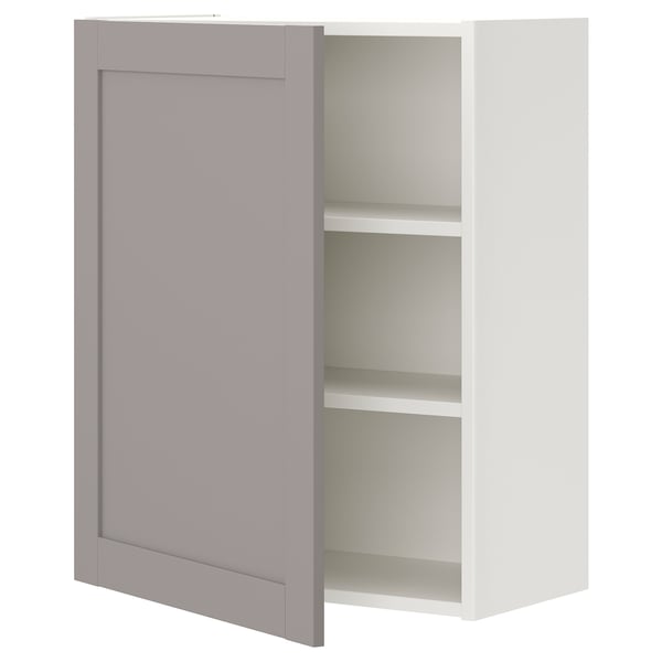 Une armoire murale ENHET en gris avec deux étagères blanches. Il a un design rectangulaire simple avec une porte plate.