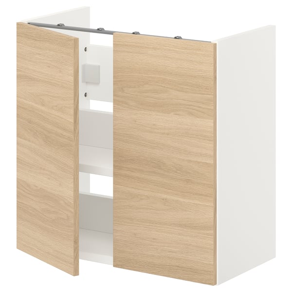 meuble de salle de bain ENHET chêne & blanc ; rectangulaire, deux portes, une étagère.