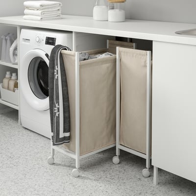 Coffre sac a linge original - design en forme de machine à laver gris