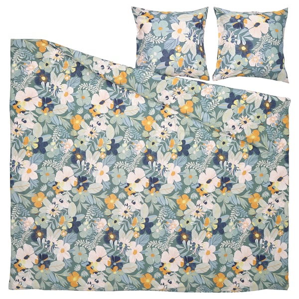 Parure de lit florale avec des fleurs bleu-vert, des feuilles sur un tissu doux en coton-viscose, comprend une couette et des taies d’oreiller.