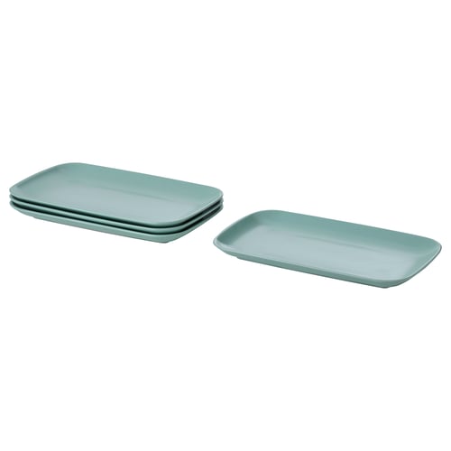 Assiettes FÄRGKLAR vert sauge, empilables, rectangulaires, en grès.