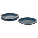 Quatre assiettes rondes d’un bleu profond, trois empilées, une séparée. Design simple et moderne avec une finition brillante.
