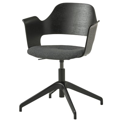 Chaise de bureau FJÄLLBERGET noire avec assise grise, dossier en placage de frêne, piètement en étoile, hauteur réglable.