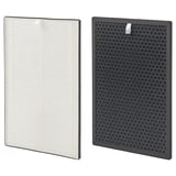 Deux filtres de purificateur d’air illustrés, l’un blanc, l’autre noir, rectangulaires, encadrés et texturés pour l’élimination des particules et des gaz.
