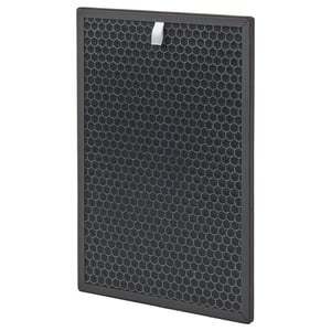 Filtre à air noir avec motif nid d’abeille, cadre gris foncé. Le charbon actif et le polypropylène purifient les gaz et les odeurs.